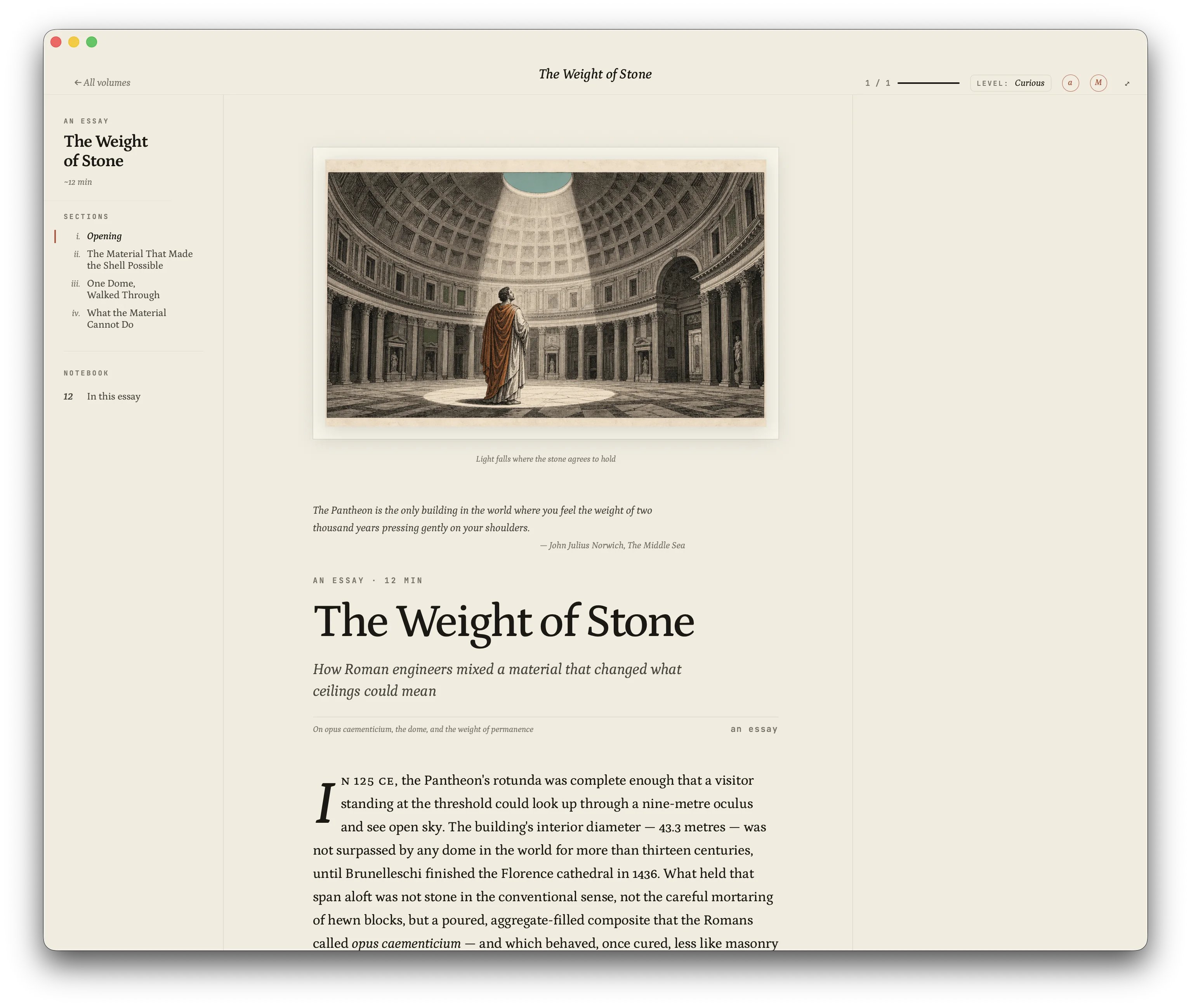 The Astor reader open to The Weight of Stone — an engraved plate of the Pantheon above the title page.
